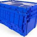 IDL Packaging 18-Gallon Industrial Plastic Tote with Hinged Lids, Pack of 3 | Heavy-Duty Blue Large 27"L x 17"W x 12" H Container for Warehouses, Garages, and Home Storage