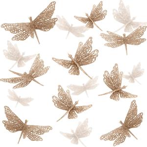 24 Pcs Glitter Dragonfly Decorations, Champagne 3D Dragonfly Wall Decor with Clips Stem for Spring Summer Garden Party Wedding, Glitter Dragonflies for Floral Arrangement DIY Craft