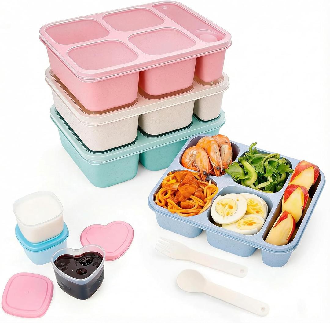 Bento Box Adult Lunch Box 5 Compartment Snack Containers for Kids, Reusable Food Storage Meal Prep Lunch Containers - Stackable BPA-Free Wheat Straw Bento Box for School, Work, Travel (4 Pack)