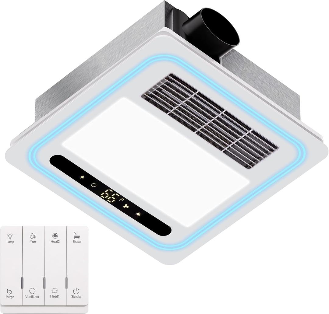4-in-1 Bathroom Exhaust Fan with Light and Heater, 190 CFM Powerful Ventilation, 1800W Pro-Grade Fast Heating, 1.0 Sone Ultra-Quiet, Remote Control Ceiling Bath Fan with RGB Ambient Light