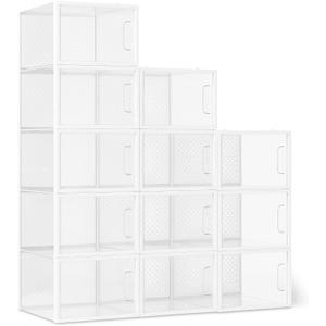 Amazon Basics Stackable and Foldable Clear Shoe Storage Organizer Box, Large, 12-Pack