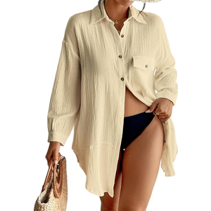 Eddoyee Womens Swimsuit Coverups Casual Button Down Shirts V-Neck Bathing Suit Cover Up Beach Blouses with Pocket, Apricot, S