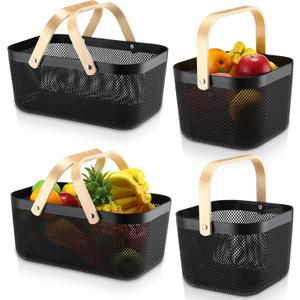 Sadnyy 4 Pcs Plastic Mesh Garden Harvest Basket Storage Basket with Wooden Handle Multi Functional Mesh Bin for Kitchen Cabinet Picnic Fruit Vegetable Gathering Organizer(Large, Small,Black)