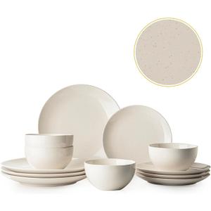 Plates and Bowls Sets, 12 Pieces Modern Stoneware Dinnerware Set for 4 Kitchen Dinner Set Ceramic Dishware Dishes Set Microwave and Dishwasher Safe (White)