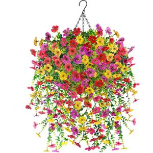 Der Rose Artificial Hanging Flower Basket for Outdoors Fake Hanging Flowers Plants with 4 Faux Silk Trailing Vines for Porch Patio Balcony Spring Decor (1 Pack  Hanging Flower + Basket (Complete Set), Mixed-color)