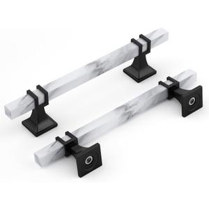 Rergy Cabinet Handles Marble Drawer Pulls and Knobs, 10Pack White Marble & Black 5inch Hole Center, T-Bar Hardware for Kitchen Dresser Zinc Alloy Furniture