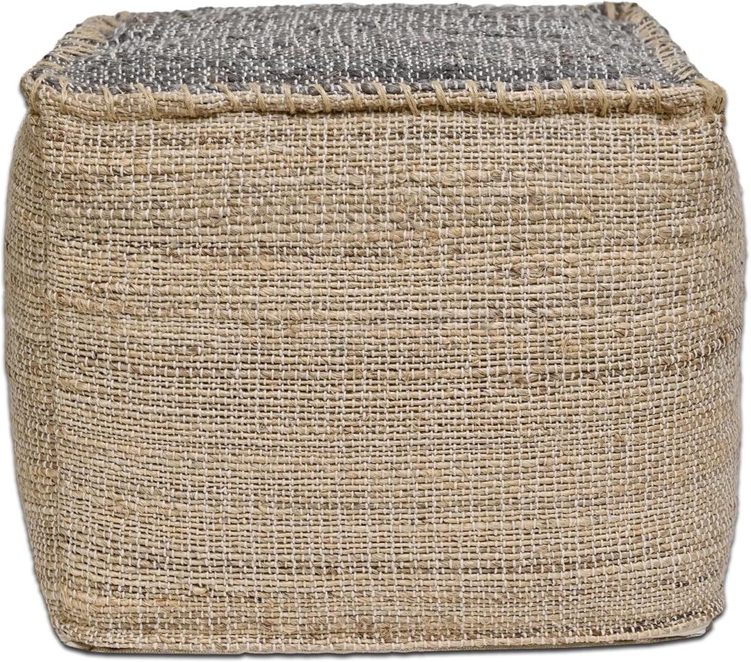 Ash Grey Jute Pouf Ottoman 18x18x14 Inch Handmade Braided Natural Jute & Cotton Floor Pouf, Boho Footstool for Living Room, Bedroom, Extra Seating & Decor