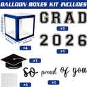 2026 Graduation Decorations - Blue Balloon Boxes with Letters 2026 Grad & So Proud of You and Blue Black White Print Balloons, Graduation Party Decorations Class of 2026 for Any Grades(Blue)