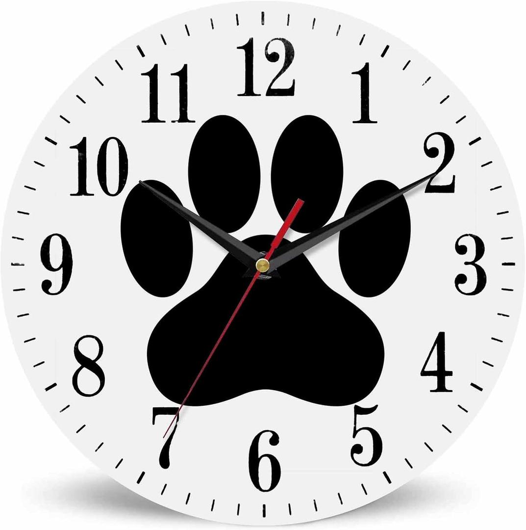 Mxocom Dog Paw Wall Clock Animal Puppy Black Cartoon Footprint 10 Inch Silent Non Ticking Battery Operated Clock Vintage Round Clock for Living Room Bedroom Bathroom Office Decor