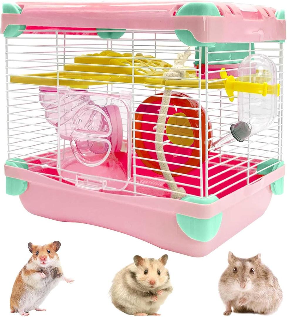 Hamiledyi Portable Hamster Cage 2 Layers Dwarf Hamster Habitat Small Animal Travel Cage with Exercise Wheel Hamster Enclosure Mouse Cage for Hamsters Mice Gerbils or Other Tiny Pets (Pink)