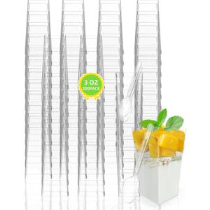 200 Pack 3 oz Plastic Mini Dessert Cups with Spoons, Square Tall Clear Shooter Cups for Dessert, Individual Treat Cups, for Cake Parfait Appetizer Mousse Yogurt Pudding Fruit