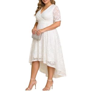 Plus Size Wedding Guest Dress - Lace Cocktail Formal Faux Wrap V Neck High Low Short Sleeve Party Maxi Dresses (White)