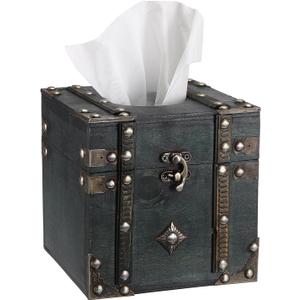 Sumnacon Retro Wood Square Tissue Box Cover Vintage Cube Tissue Holder, Decorative Tissue Holder for Bedroom Bathroom Toilet Table Desk Car Store Office Home, Green