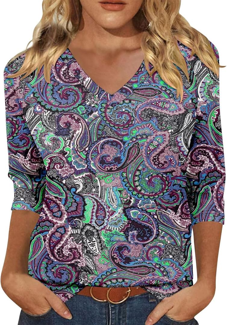 KISSMODA 3/4 Length Sleeve Shirts for Women Floral Business Shirts Tops Blouses Tops Loose Fit T-Shirts (Large, B Purple Green)