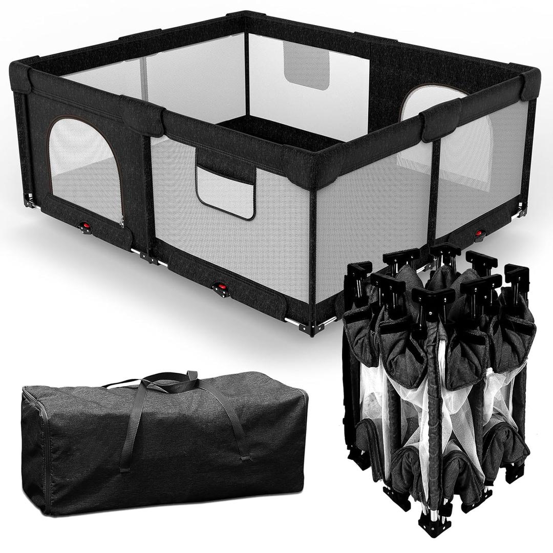 Foldable Baby Playpen with Gate, Extra Large Collapsible Play Yard for Babies & Toddlers, Portable Travel Playpen, Baby Activity Center for Indoor & Outdoor Use (Black 59"71")