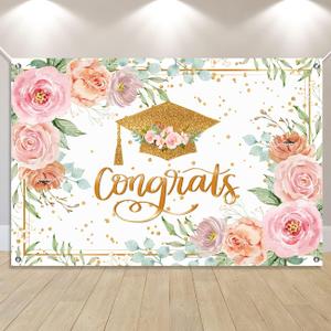 Rose Gold Graduation Banner - Pink Floral Congrats Decorations - Large 59 * 39" Graduation Party Background for Outdoor Indoor Use