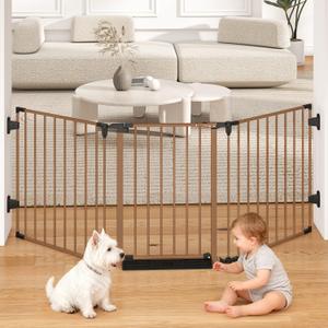 78" Extra Wide Baby Gate, Dog Gates Indoor for Doorways Stairs, Essential Safety Gate for Child, Hardware Mounted Adjustable Pet Gate with Anti-Trip Pedal, 28'' Tall 3 Metal Panels Brown