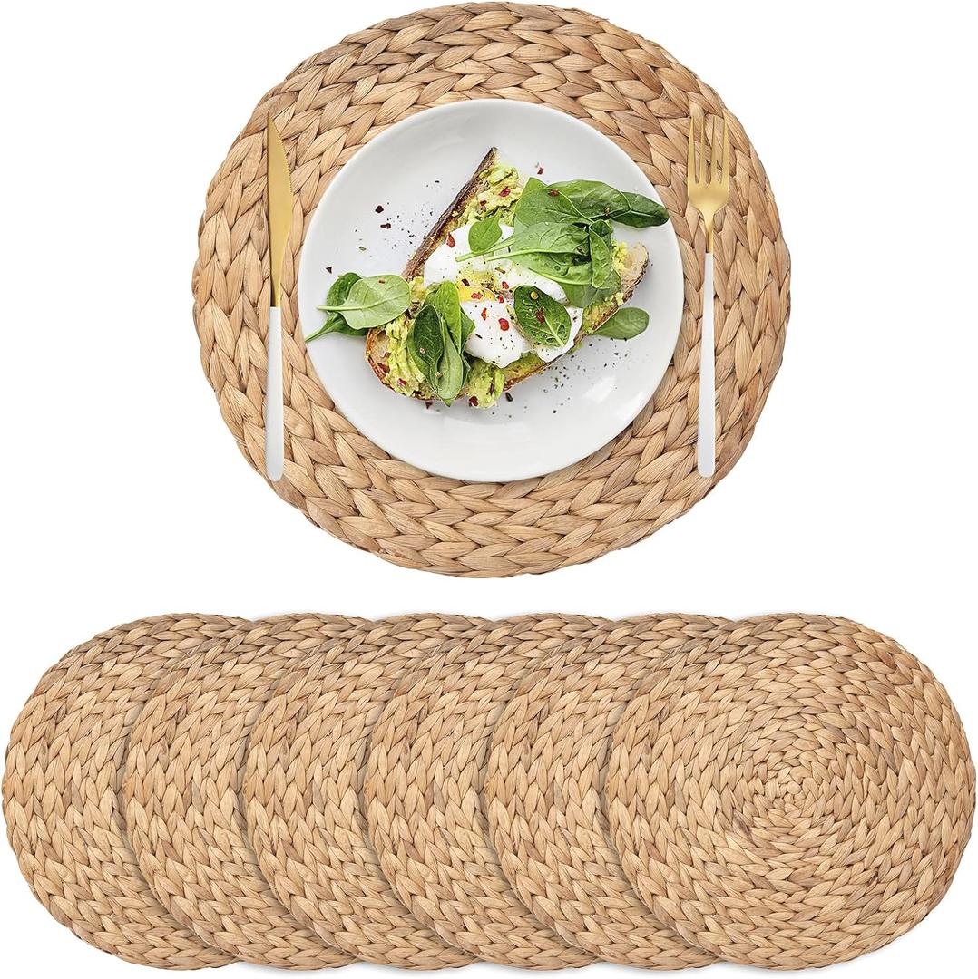 6 Pack Woven Placemats, Round Wicker Placemats, Rattan Place mats, Natural Hand-Woven Water Hyacinth Table Mats, Braided Straw Table Mats for Dining Table (11.8 inch)