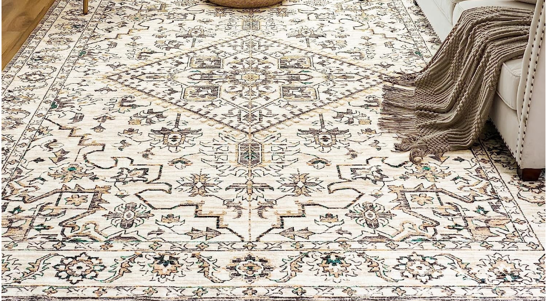 VK VK·LIVING Machine Washable Rug 8'x10' Vintage Design Washable Area Rugs with Non Slip Bottom for Living Room Bedroom Traditional Woven Carpet Stain Resistant Home Decor Office Boho Rug,Cyan&White