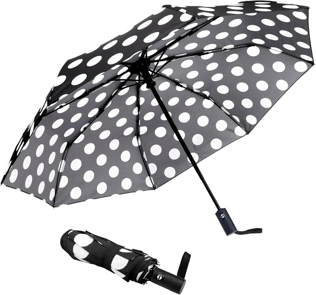 Travel Essentials Umbrella Windproof Compact Collapsible Light, Automatic, Strong and Portable, Wind Resistant Folding Small Umbrella for Rain (Black Polka Dots)