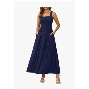 Kranda 2025 Summer Sleeveless Long Beach Sundress Square Neck Tank Top Tiered Maxi Dress with Pockets, Small