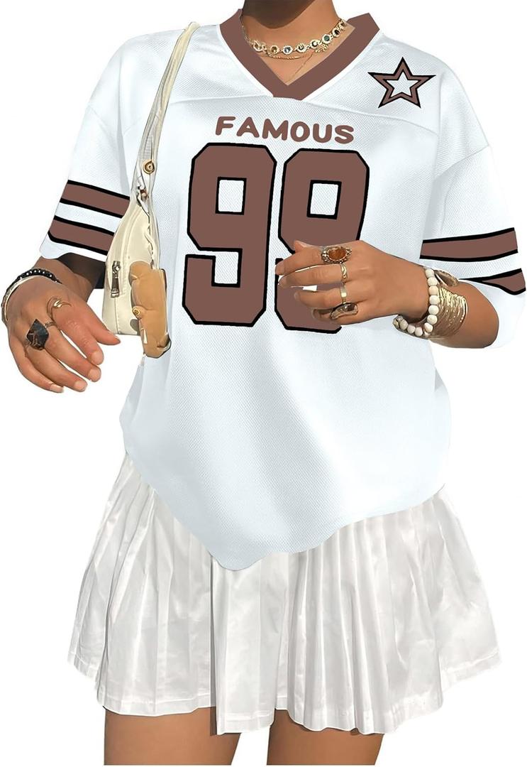 Oversized Jersey Shirts for Women Shirts Y2K Number Graphic Jerseys V Neck Cute Streetwear Tee Tops (S)