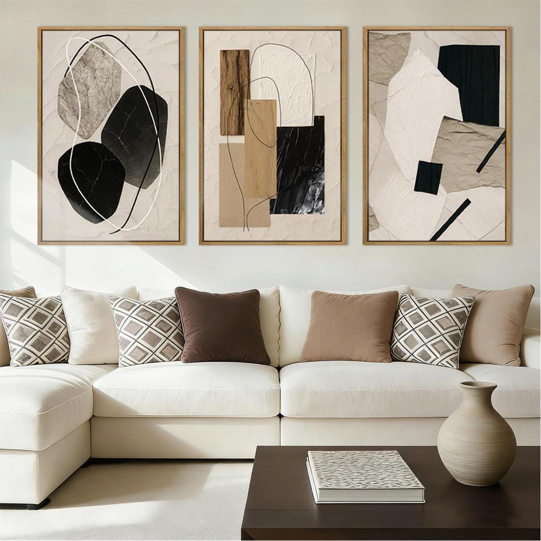 Large Abstract Paintings Framed Neutral Canvas Prints Mid Century Modern Wall Art for Living Room Bedroom Bathroom 36x24 Inch 3 Piece (Neutral Black Gold)