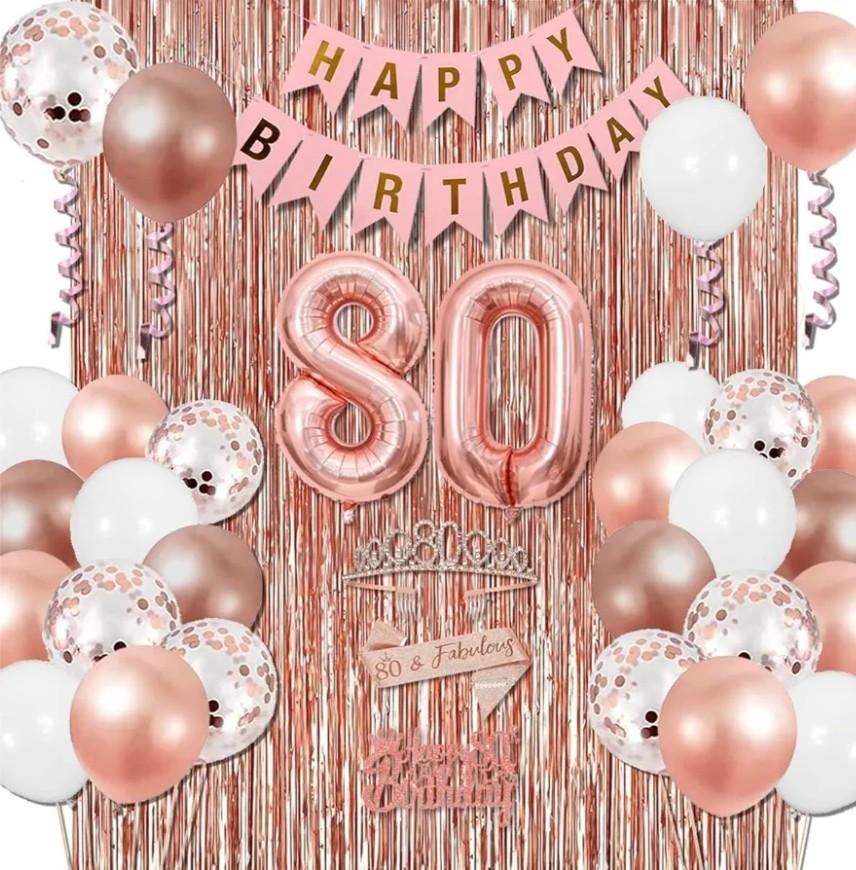 80th Birthday Decorations for Women, Happy 80th Birthday Banner, Balloon, Cake Topper, Sash and Crown, Rose Gold 80 Birthday Party Decorations for Women