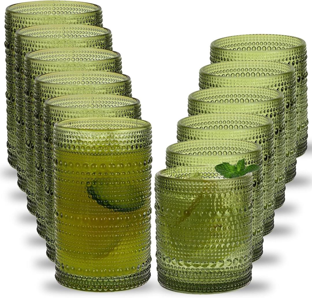 Moretoes Hobnail Drinking Glasses Set of 12, 12 Oz Highball Glasses & 10 Oz Cocktail Glasses, Green Embossed Boho Glass Cups Kitchen Bar Tumbler Glassware Set for Whiskey, Beer, Juice, Milk