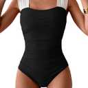 B2prity Womens One Piece Swimsuit Retro Square Neck Tummy Control Bathing Suits Ruched Modest Full Coverage Swimwear (Medium, Black,white)