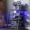 CHOEZON 4-Tier AV Media Stand with Wheels, Stereo Stands, Media Console Shelf with Power Strips, LED Lights, Wooden Audio Cabinet Rack Tower for Record Player/Apple TV/ps4, Black TCJ60UDBB, 15.7 inches x 23.6 inches x 31.5 inches