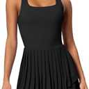 ABOCIW Tennis Dress for Women Square Neck Pleated Athletic Dress with Built-in Shorts & Bra Workout Golf Exercise Dress (Large, Black)