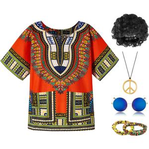 Mainfini Men's Hippie Costume 60s 70s T-Shirt Afro Outfits Accessories Set Peace Sign Necklace (Large)