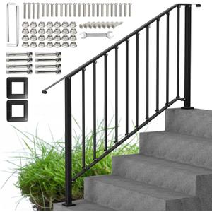 Outdoor Stair Handrails, 5 Steps Black Wrought Iron Railing Kits for Concrete or Wooden Porch Steps