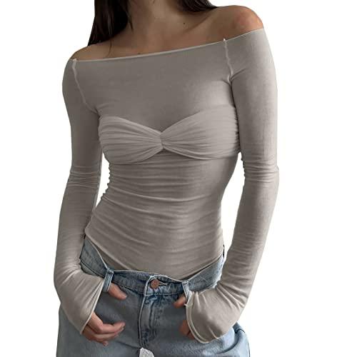 Women's Sexy Crop Top Long Sleeve Off Shoulder Going Out Tops Slim Fit Mesh Ruched Twisted Blouse Y2K T Shirt L