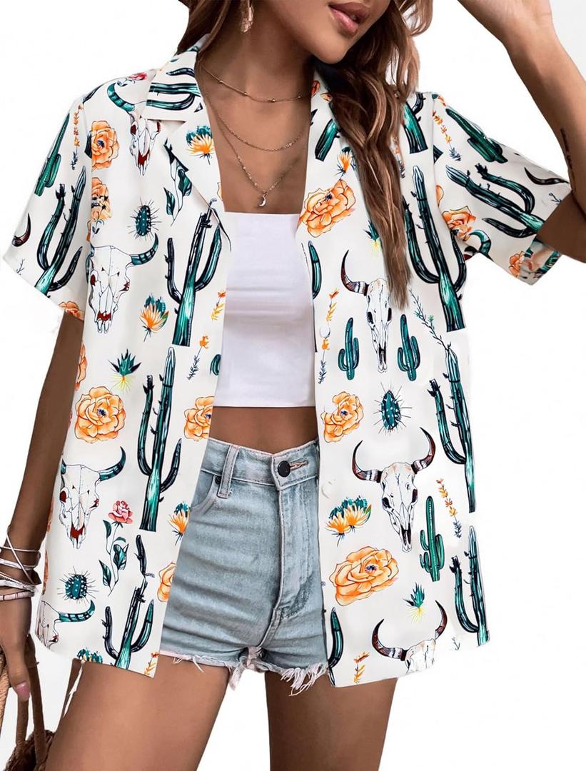 Western Button Down Shirts Women Cowgirl Vintage Print Short Sleeve Tops Cute Summer Country Concert Outfit (Large, Apricot)