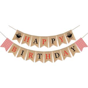 SWYOUN Burlap Happy Birthday Banner with Grill BBQ Theme Party Supplies Barbecue Party Garland Decoration