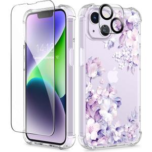 GVIEWIN for iPhone 14 Plus Case Floral, with Screen Protector&Camera Lens Protector,[Non Yellowing]Soft Shockproof Clear Phone Protective Cover for Women, Flower Pattern Design 6.7"(Foliolosa/Purple)