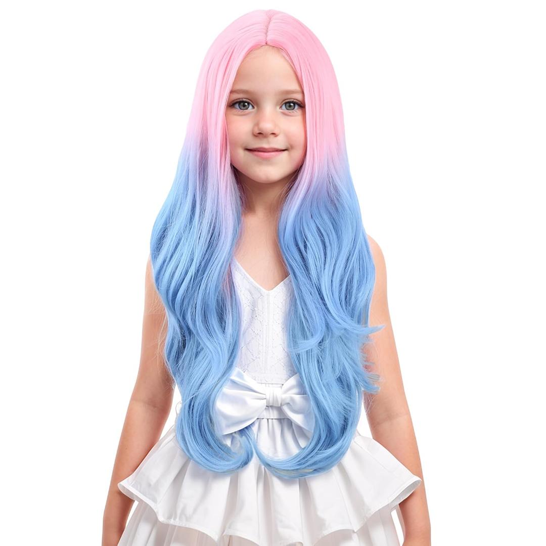 Girls Pink Ombre Blue Wig Kids Pink Blue Long Wavy Curly Wigs Child Daily Halloween Party Cosplay Wigs