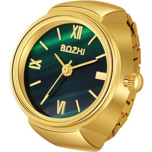 JewelryWe Men Women Finger Watch Stretchy Band Elastic Round Simple Dial Quartz Ring Watches for Valentine's Day (Green/Gold)