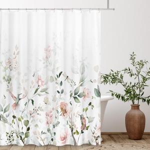 Tititex Aesthetic Blooming White Floral Shower Curtain Sets, Watercolor Pink Flowers Birds Butterflies Tropical Bathroom Decorative 71 X 71 Inch Polyester Waterproof Fabric Bath Curtain with Hooks
