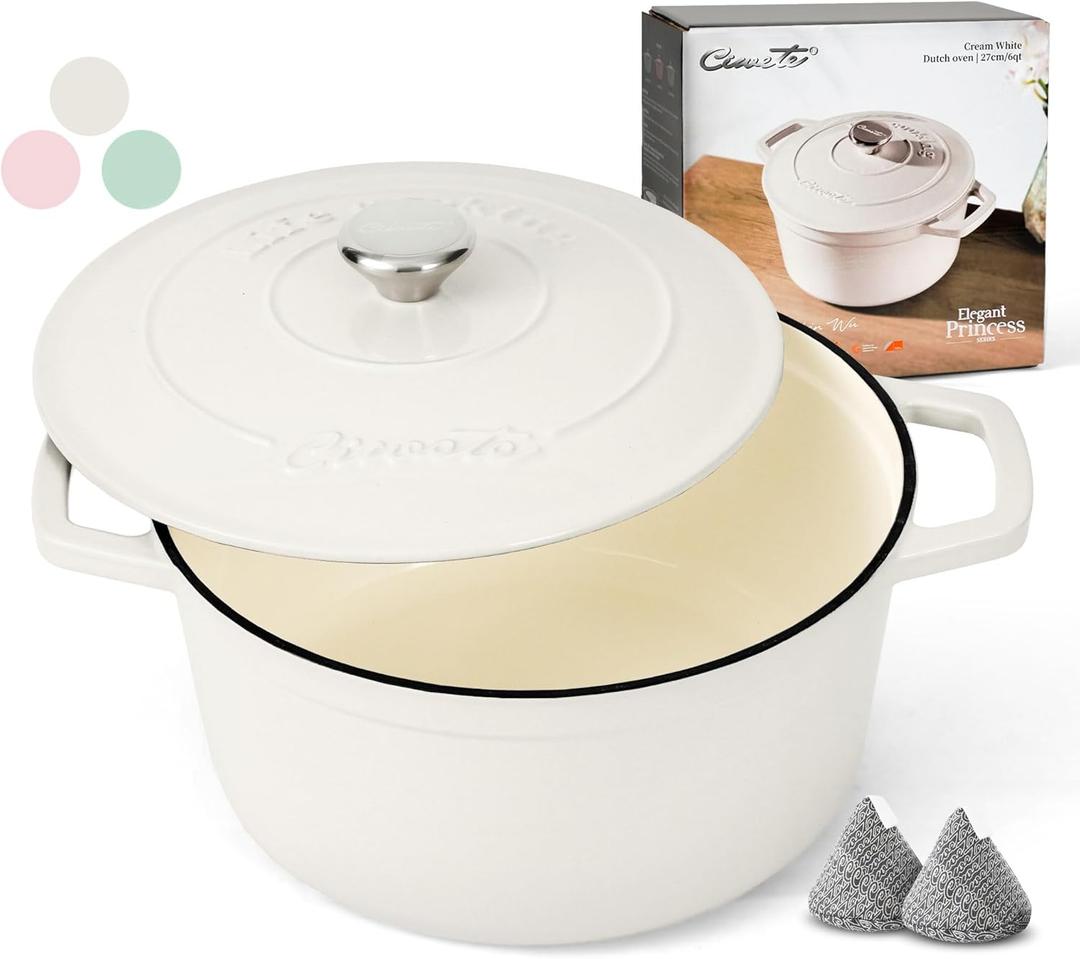 6 QT Dutch Oven Pot with Lid, Enameled Cast Iron Dutch Oven for Bread Making, Braiser, Cooking, Dual Handles, Oven Safe up to 500 F or on Stovetop, Gifts for Family - Off White