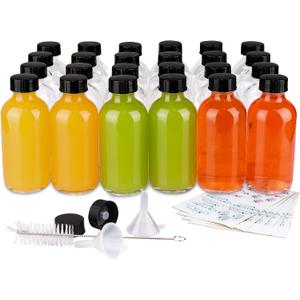 PINIWON 24 Pack 4 oz Clear Glass Bottles, 120ml Boston Round Sample Bottles with Black Poly Cone Caps, Labels, Funnels and Brush