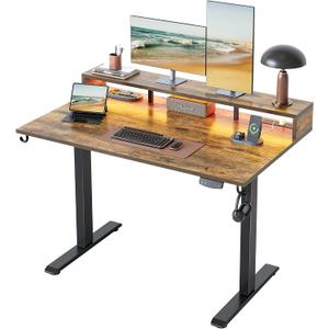 Klicelor Electric Standing Desk with Shelf, 48 Inch Height Adjustable Desk with Power Outlets & LED, Sit Stand Up Table with Monitor Stand, Computer Workstation for Home Office, Rustic Brown, 48 x 24 Inch with Shelf, Led and Power Strips