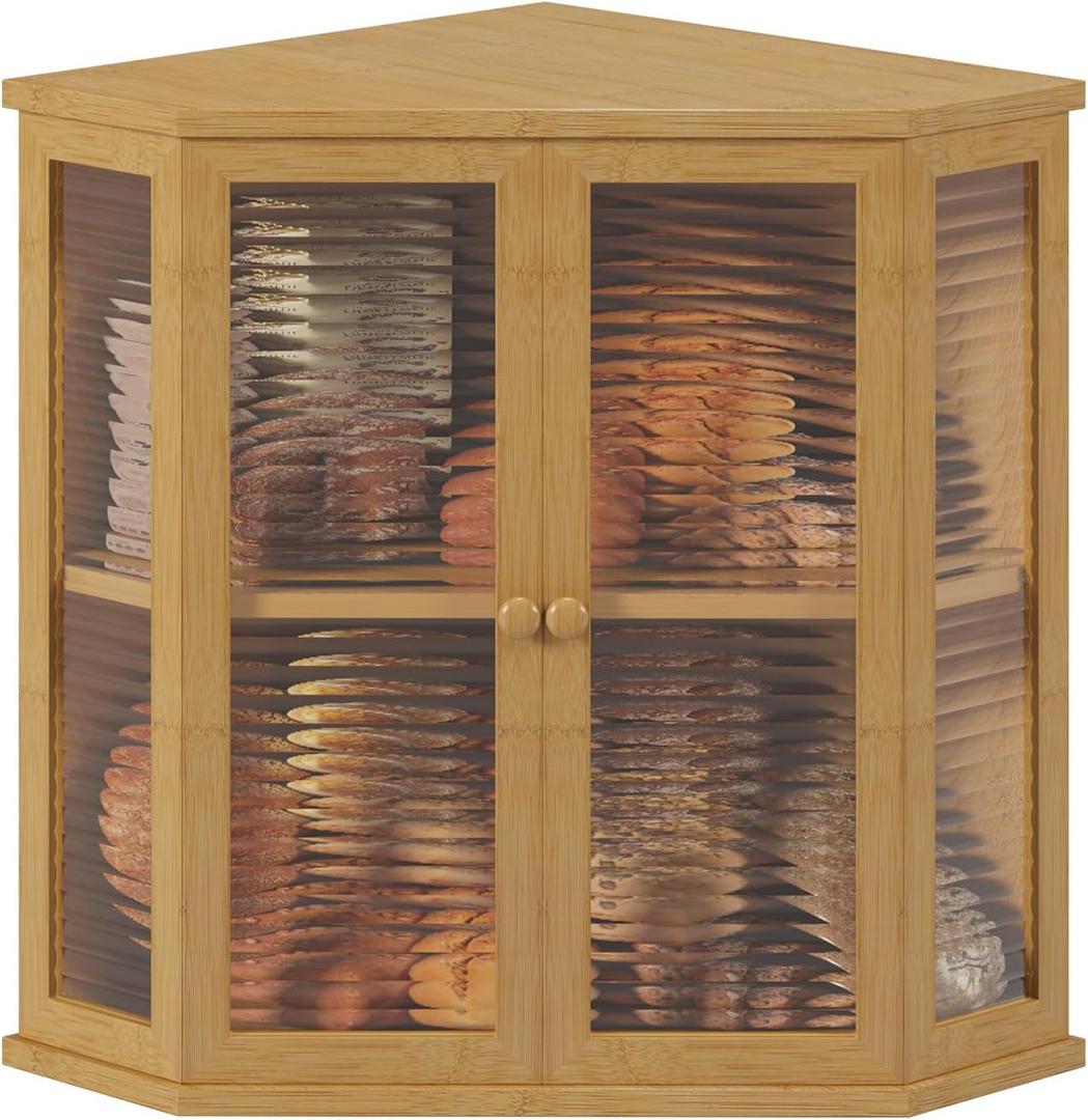 Extra Large Corner Bread Box for Kitchen Countertop, 16.5 inch Bamboo Double Layer Bread Storage with Glass Wavy Door Panel, Eco-Friendly and Stylish Design
