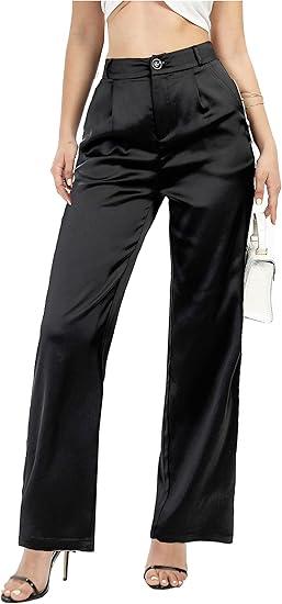heipeiwa Women's Wide Leg Wedding Party Satin Casual Dress Nightout Pants Long Trouser, Black Size M