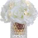 Rose Silk Flower Arrangement Artificial Vivid Rose in Glass Vase with LED Light Elegant Centerpiece for Home Wedding Bathroom Table Shelf Decoration (Pure White)