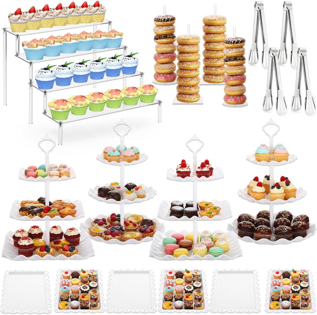 LemonRoad 19 Pcs Cupcake Stand Holder, Dessert Table Display Set, Tiered Cupcake Holders Cake Serving Tray and Cake Clips for Christmas Tea Party Wedding Baby Shower Decorations(White and White)