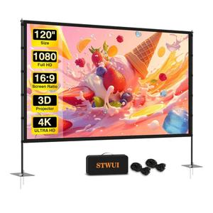 Outdoor-Projector-Screen-with-Stand - 120 inch Portable Projector Screen Indoor Outdoor Projector Screens 16:9 4K HD Lightweight Movie Screen with Carry Bag for Backyard Movie Night