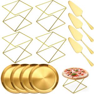 12 Pcs Pizza Pan Riser Stand Set: 4 Metal Pizza Stands, 4 Pizza Pan, 4 Wooden Pie Servers(Gold,Square)